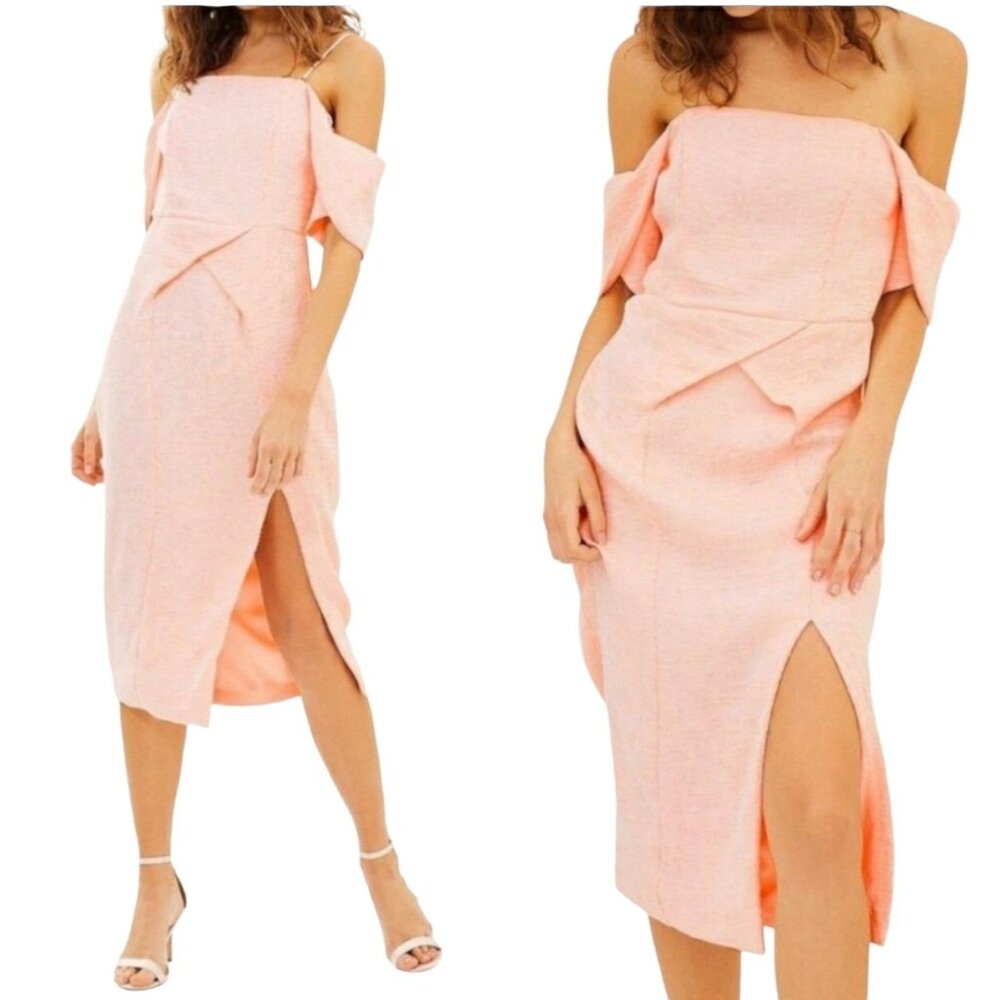 ELLIAT M Dress Acacia Crape Textured Off Shoulder Pleated Slit Front Knee Length - Picture 14 of 16